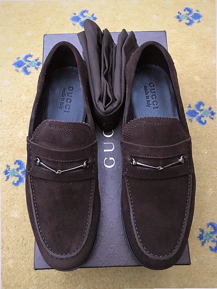 Gucci Halbschuhe Schuhe Wildleder Braun Silber Horsebit Schnalle Herren US 8 UK 7,5 41,5 NEU