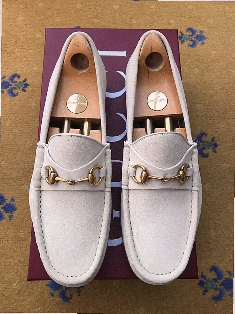 Gucci Halbschuhe Schuhe Wildleder Horsebit 1953 Weiß Gold Herren US 11 UK 10,5 EU 44,5