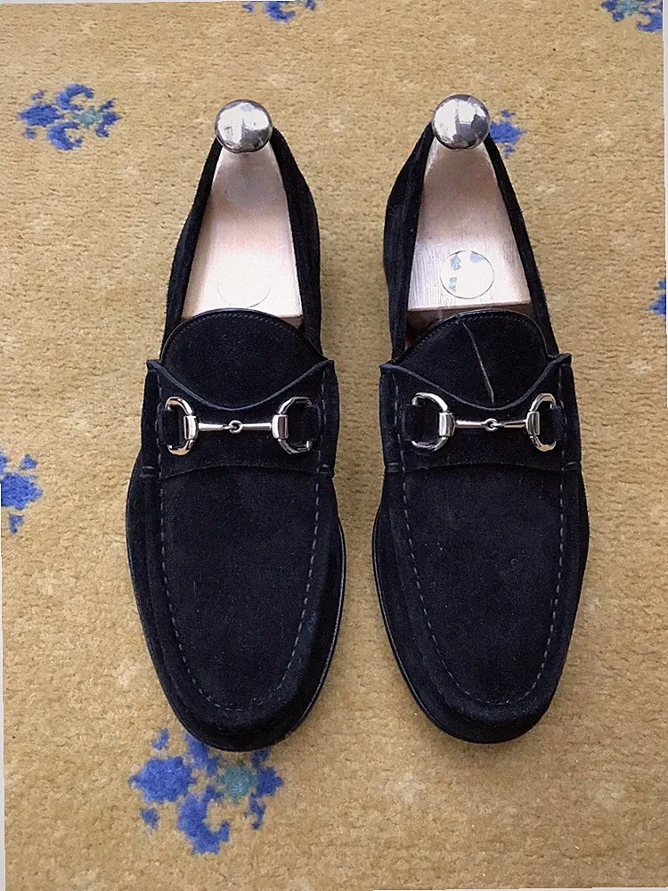 Gucci Halbschuhe Schuhe Wildleder Schwarz Silber Horsebit Schnalle Herren UK 8 US 9 EU 42