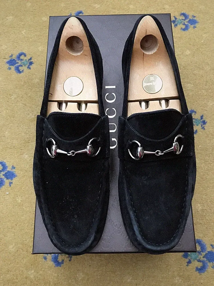 Gucci Halbschuhe Schuhe Wildleder Schwarz Silber Horsebit Schnalle Herren US 9 UK 8,5 EU 42,5