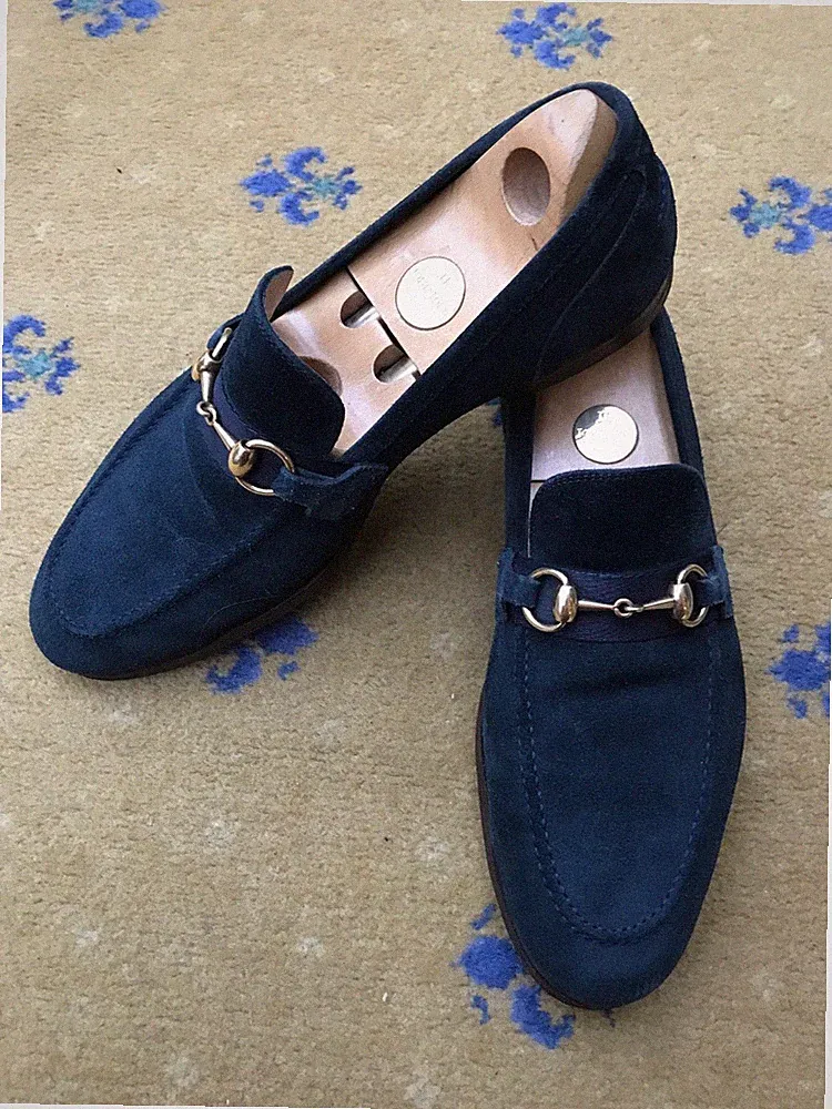 Gucci Halbschuhe Wildleder Schuhe Jordaan Gold Blau Navy Web Herren US 8 UK 7,5 EU 41,5