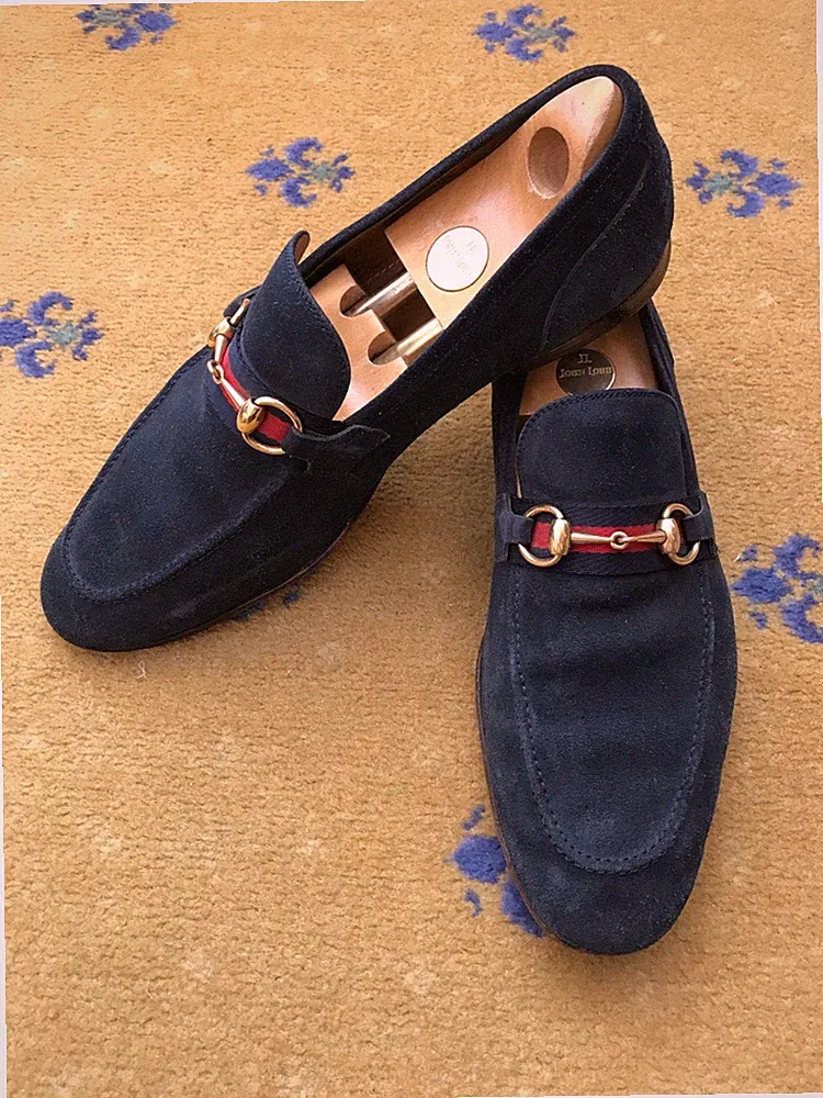 Gucci Halbschuhe Wildleder Schuhe Jordaan Gold Horsebit Blau Web Rot Herren US 11 UK 10,5