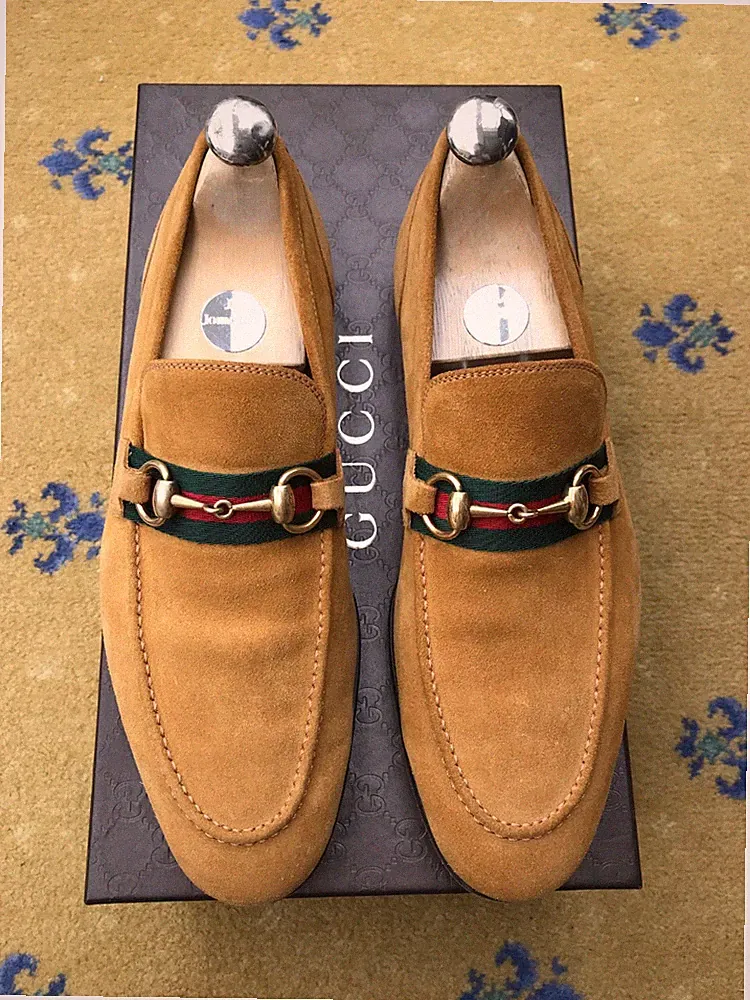 Gucci Halbschuhe Wildleder Schuhe Jordaan Gold Horsebit Tan Web Herren US 8 UK 7,5 EU 41,5