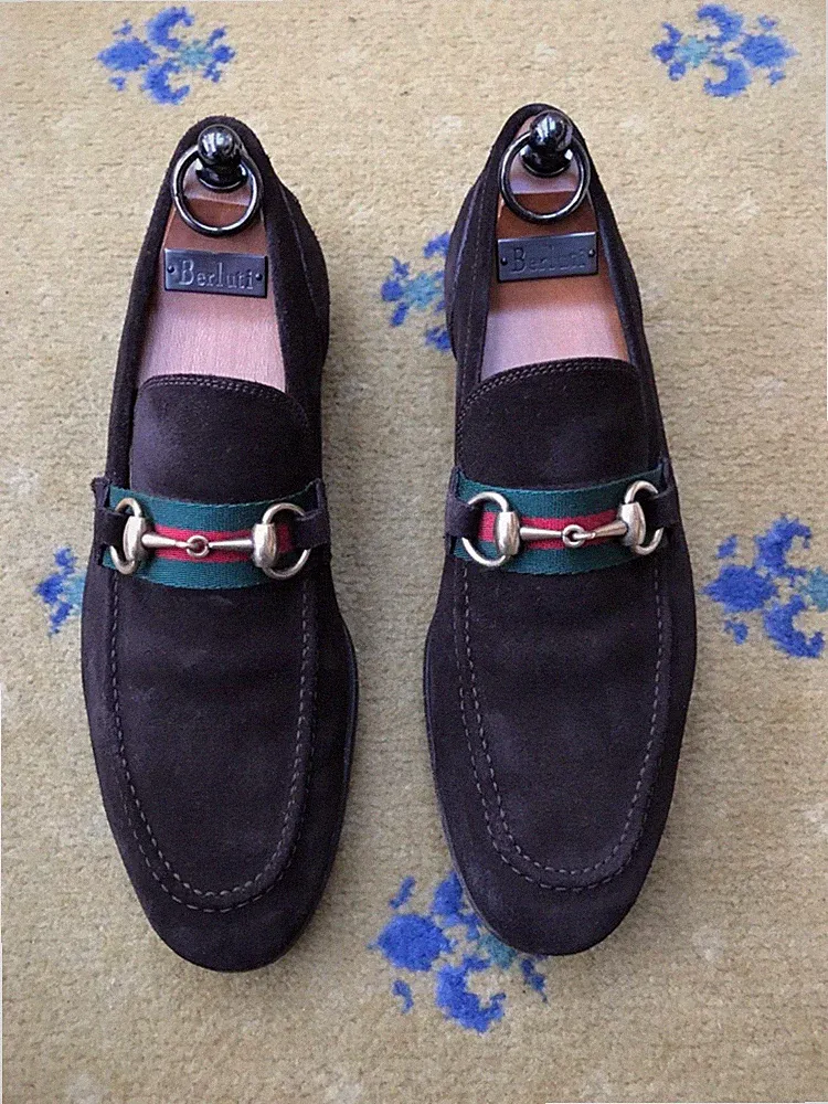 Gucci Halbschuhe Wildleder Schuhe Jordaan Horsebit Braun Web Grün Rot Herren UK 5 US 6 39
