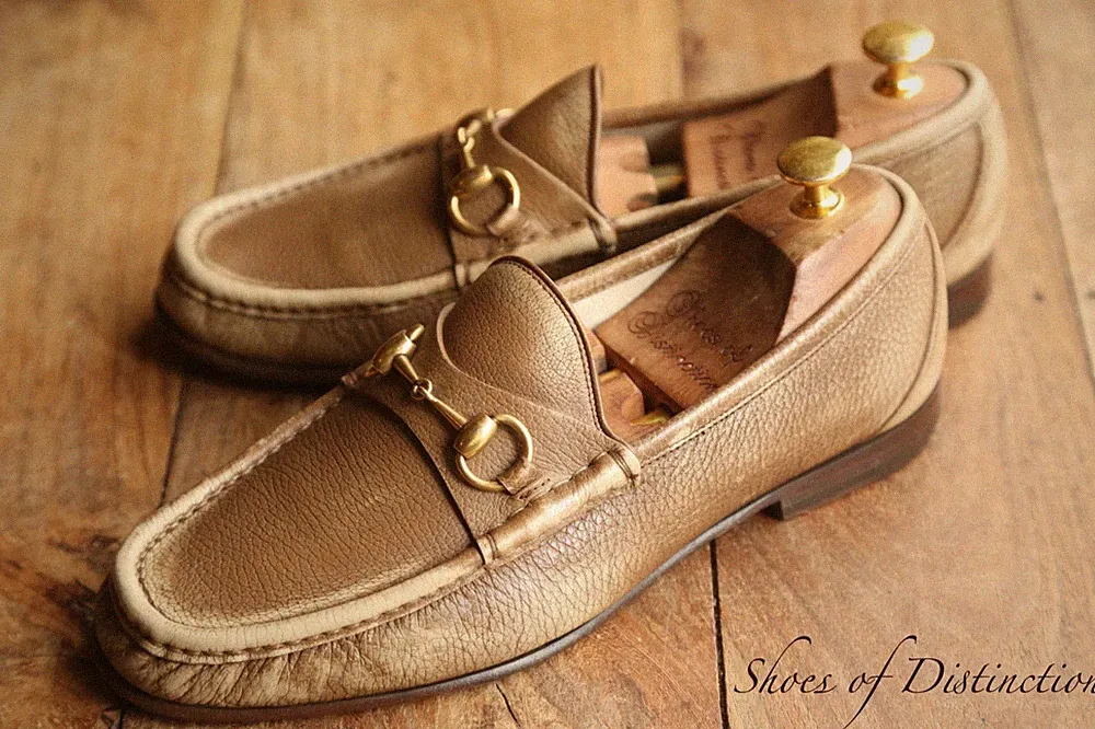 Gucci Hellbraun Beige Leder Messing Bit Halbschuhe Schuhe Herren UK 7,5 US 8,...