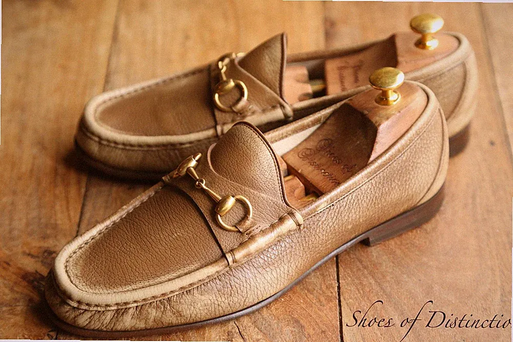 Gucci Hellbraun Beige Leder Messing Bit Halbschuhe Schuhe Herren UK 7,5 US...