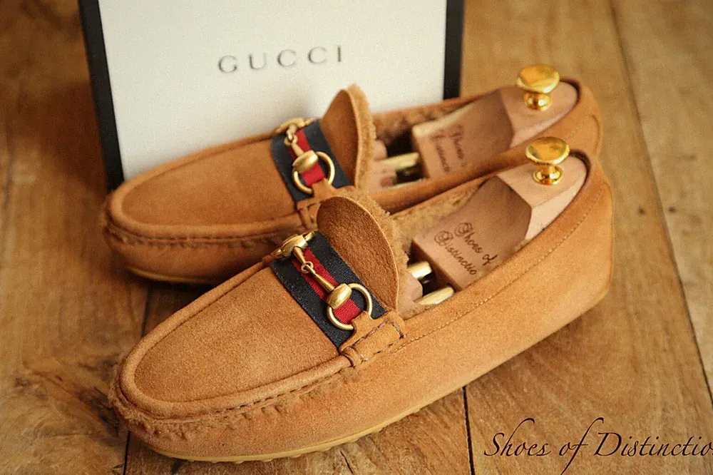 Gucci Hellbraun Wildleder Schuhe Mokassins Halbschuhe Slipper Herren UK 7,5 E...