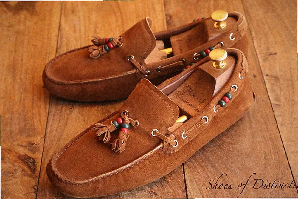 Gucci hellbraune Wildleder-Halbschuhe mit Quasten Fahrschuhe Herren UK 7 G...