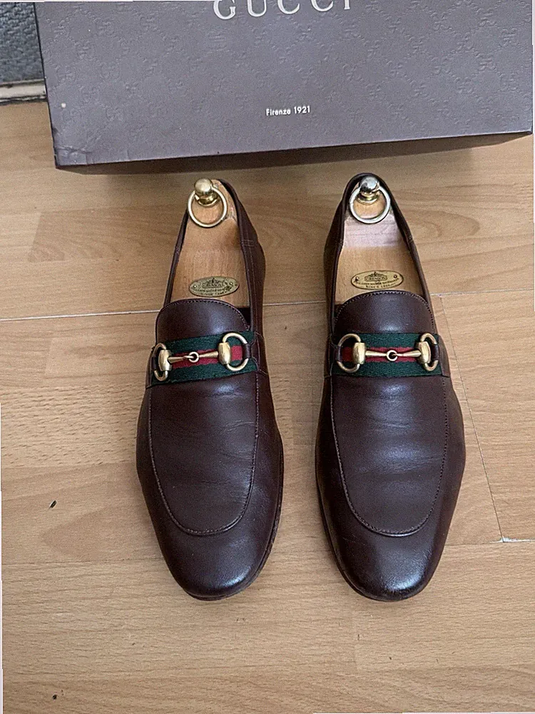 Gucci Herren Braun Leder Horsebit Web Halbschuhe Schuh UK 7, Hergestellt in Italien