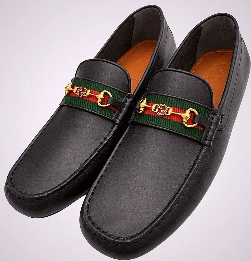 Gucci Herren Fahrer Halbschuh Schwarz Leder Ineinandergreifend GG Horsebit Größe 14UK/15US