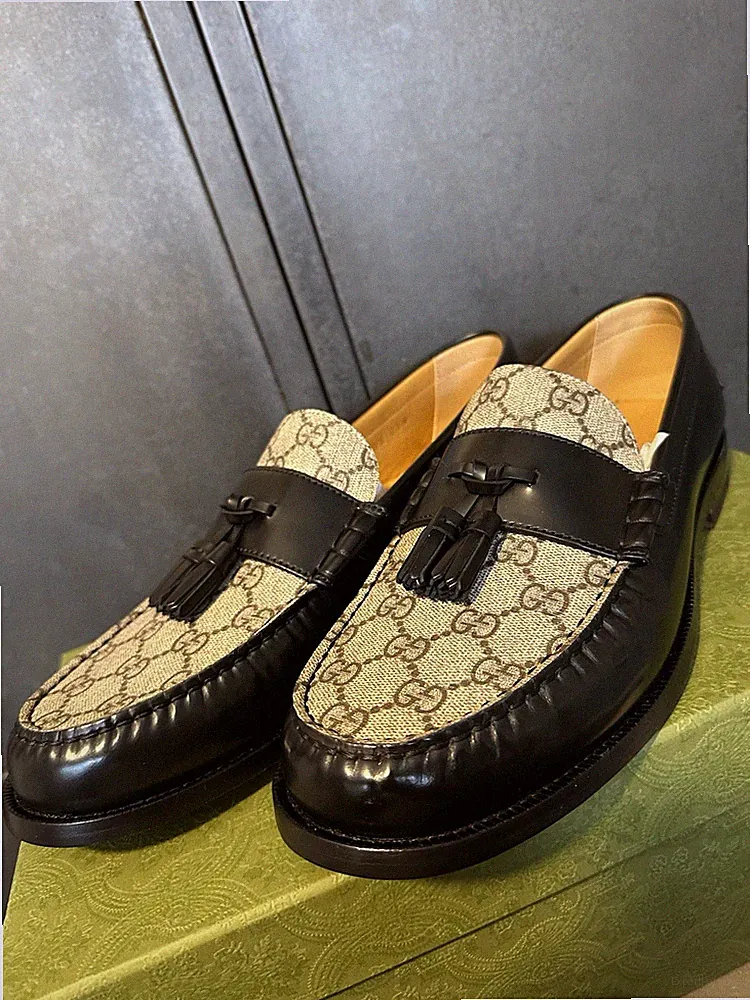 Gucci Herren GG Monogramm Braun Druck Schwarz Leder Halbschuh Größe 13UK/14US
