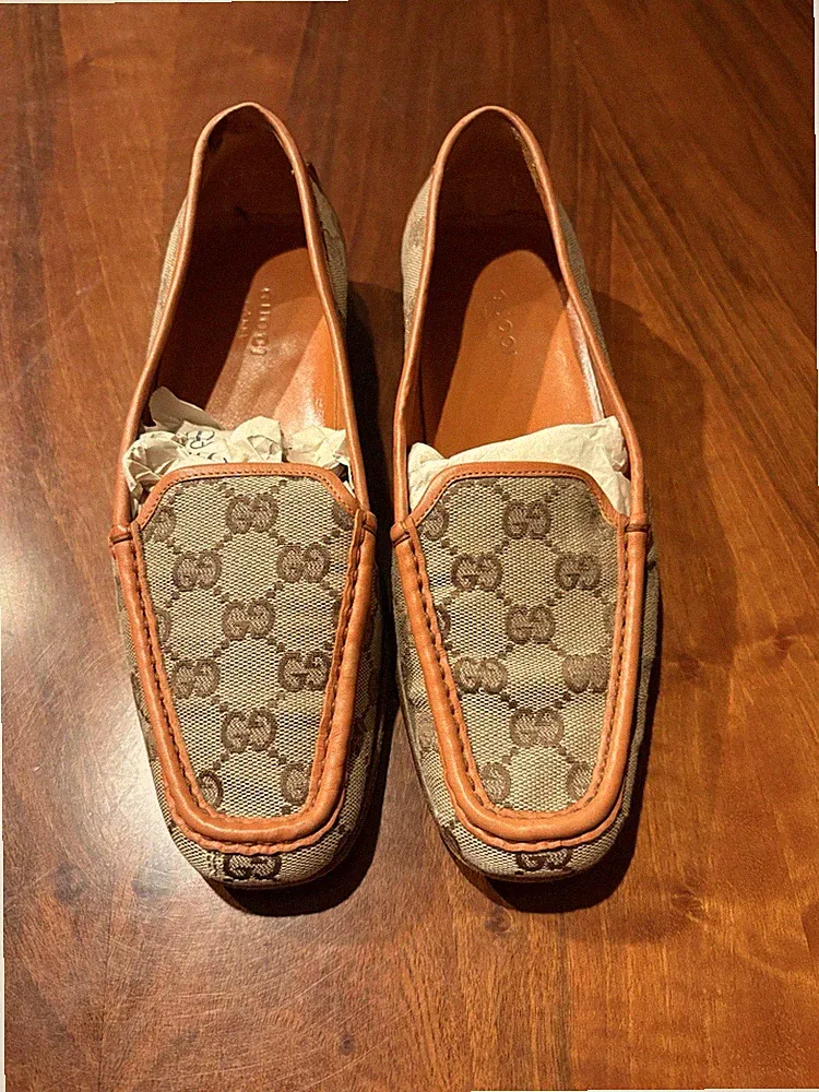 Gucci Herren Halbschuhe GG Canvas beige/braun Slipper EU 37 Gummisohle