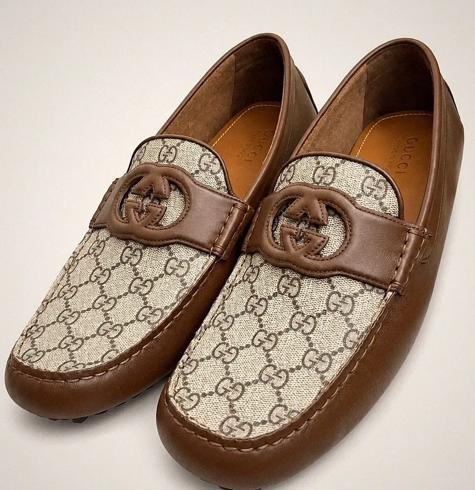 Gucci Herren Leder Fahren Halbschuhe Mokassin Monogramm Braun Größe 14,5 UK/15,5 US
