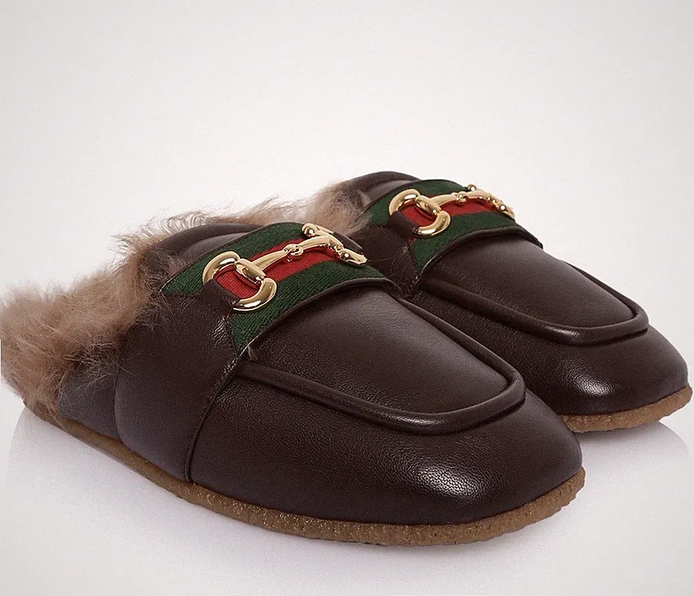 Gucci Herren Leder Pantoletten Gold Horsebit Braun Ziegenfell Halbschuhe Größe 8,5 UK/9,5 US