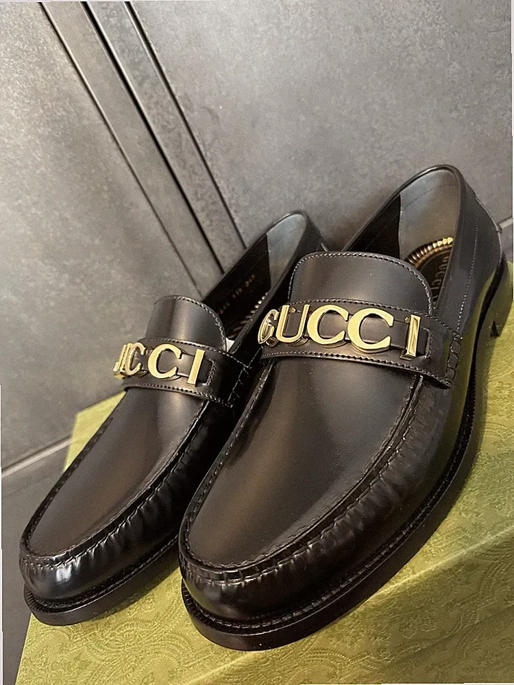Gucci Herren Schwarz Gold Leder GG Halbschuhe Größe 13UK/14US