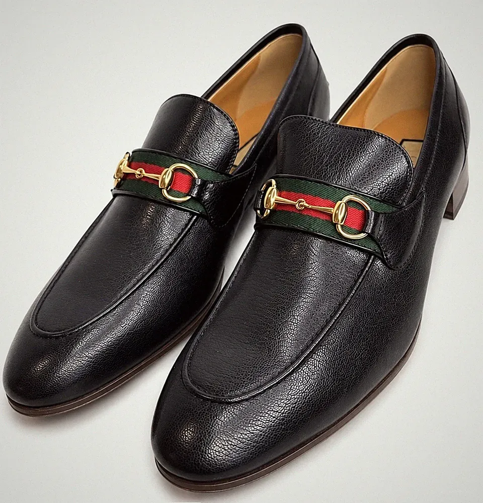 Gucci Herren Schwarz Halbschuh Leder Horsebit Jordaan 1955 GG Halbschuhe Gr. 15UK/16US