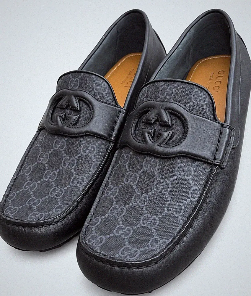Gucci Herren Schwarz Halbschuhe Leder GG Monogramm Fahrer Schuhe Größe 14,5UK/15US