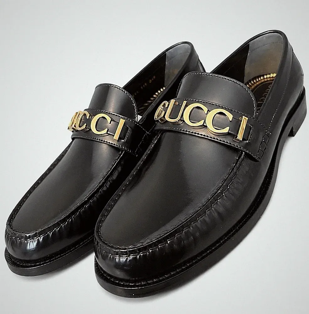 Gucci Herren Schwarz Halbschuhe Leder Golden Metall GG Logo Jordaan Größe 13UK/14US