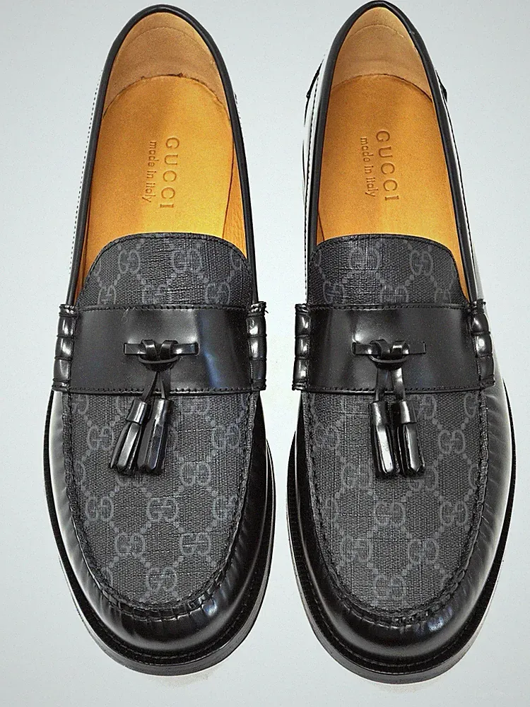 Gucci Herren Schwarz Leder Halbschuhe Quasten GG Supreme Penny UK 13 US 13,5 1354G