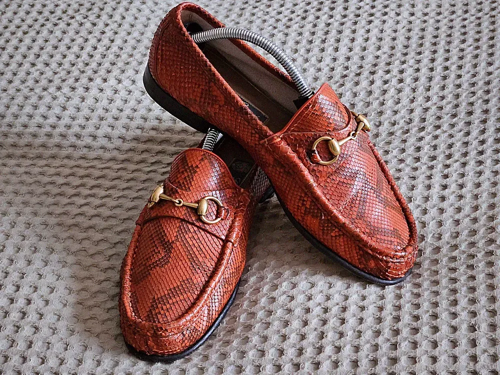 Gucci Horsebit 1953 Python Snakeskin Loafers Orange Brown Size 8 Italy