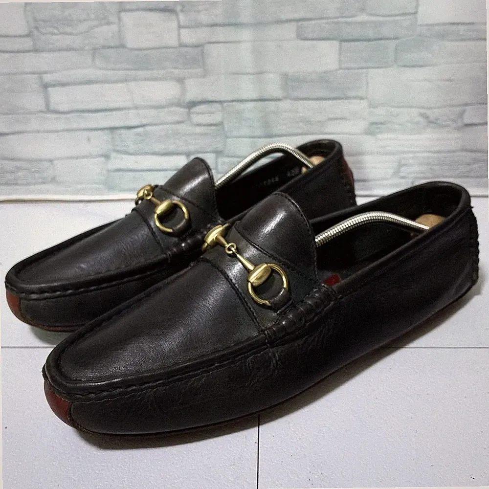 GUCCI Horsebit Loafer 27 cm Leder Schwarz Fahrschuhe Gold Hardware