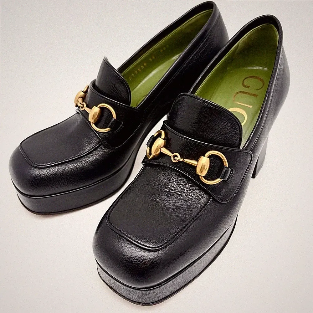 Gucci Horsebit Plateau Halbschuhe Schwarz Leder Größe36 (US 6) Absatz 8,5cm 0...
