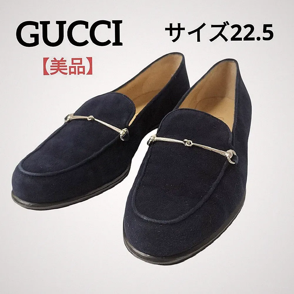 GUCCI Horsebit Suede Loafers Navy Blue Women's Size 22.5 cm US 5.5 - Excellent