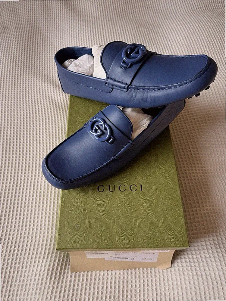 Gucci Interlocking G Driver Loafer Gr. 12,5 / 46,5 Blau Leder Neu OVP