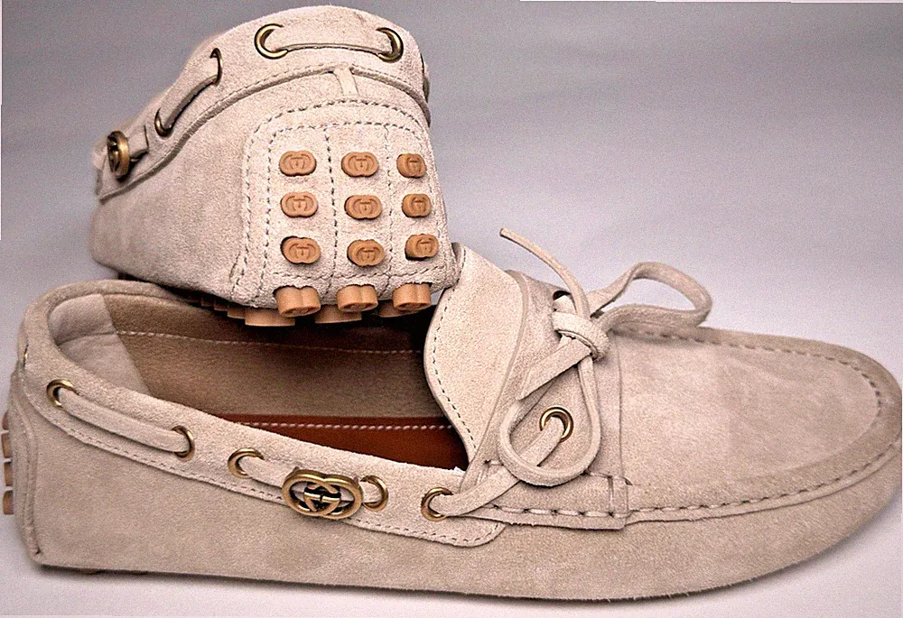 GUCCI Interlocking G Driving Loafers Oatmeal Suede Made in Italy EU 39.5 /UK 5.5