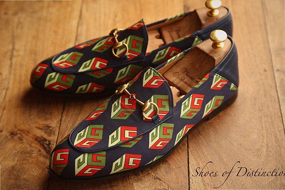 Gucci Jordaan GG Blau Leder Canvas Messing Schnalle Schuhe Halbschuhe...