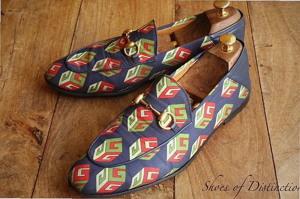 Gucci Jordaan GG Blau Leder Canvas Messing Schnalle Schuhe Halbschuhe Herren...