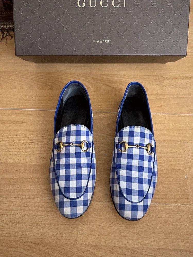 Gucci Jordaan Horsebit blau weiß kariert Stoff Damen Frauen Halbschuhe Schuh UK 5.