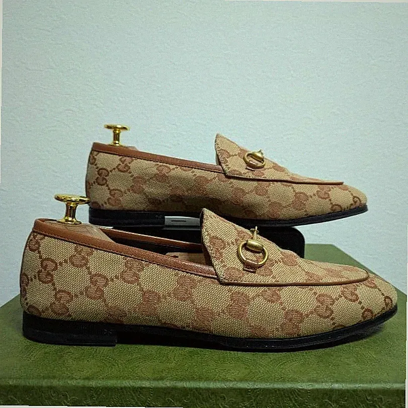 GUCCI Jordaan Horsebit GG Canvas Halbschuhe Größe 36 23 cm Beige Braun Gold A...