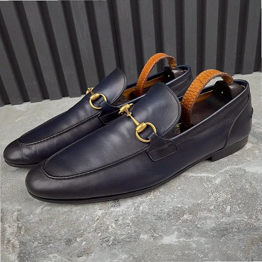 Gucci Jordaan Horsebit Halbschuhe Heels Blau Leder 10 G oder 10,5 US oder 44 EUR