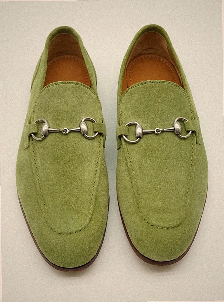 Gucci Jordaan Horsebit Halbschuhe Schuhe Wildleder Grün UK 7,5 US 8 17916 Ex Display