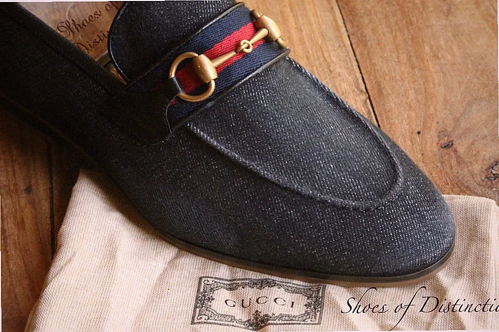 Gucci Jordaan Marineblau Denim Messing Pferd Gebiss Schuhe Halbschuhe Herren UK 8,5 US 9,5