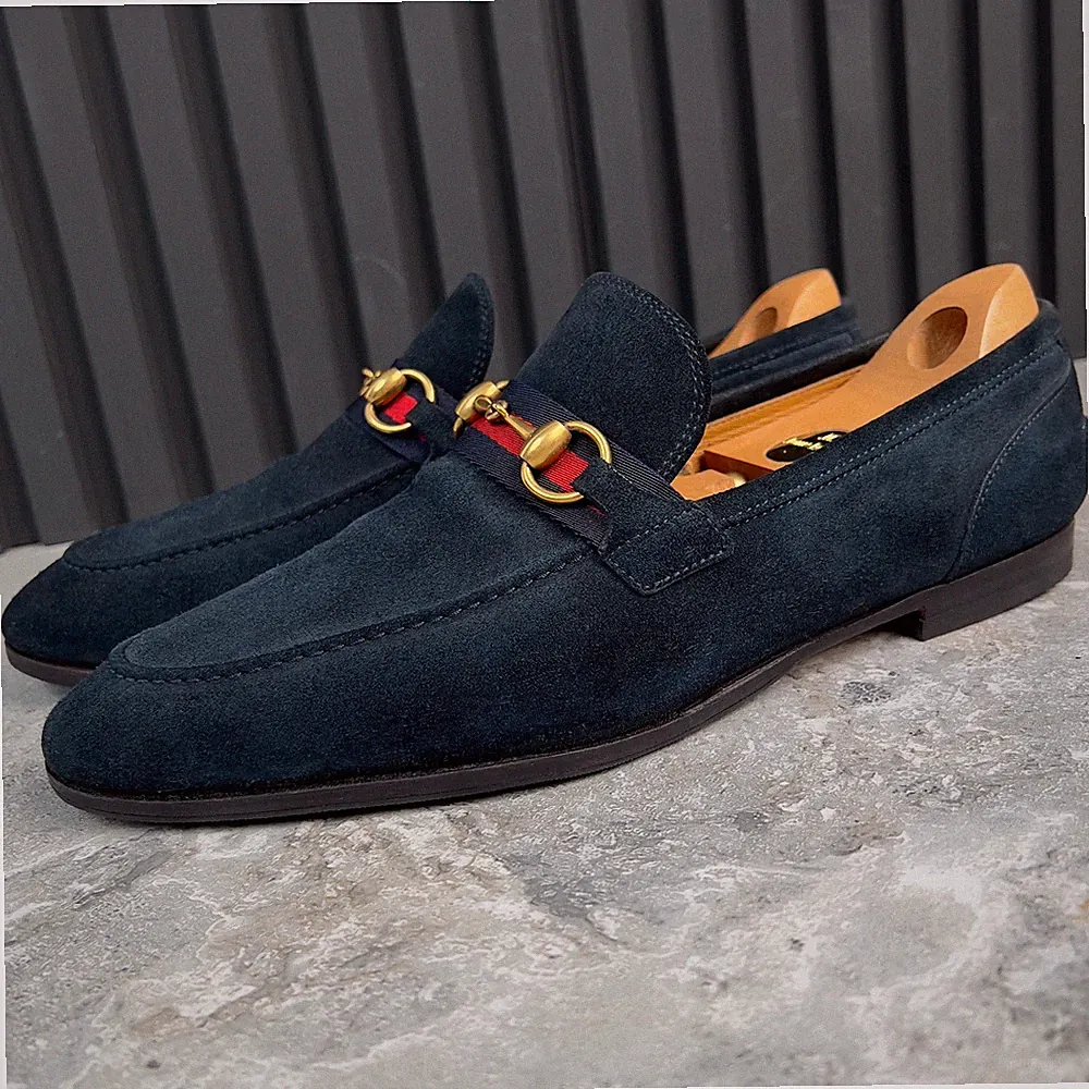 Gucci Jordaan Web Horsebit Halbschuhe Heels Blau Wildleder 8,5 G oder 9 US od...