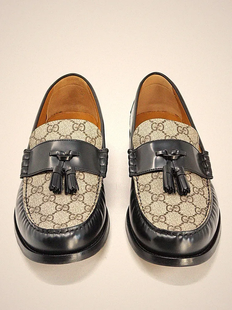 Gucci Kaveh GG Supreme Leather Tassel Loafers Shoes Brown Black UK 13 673817