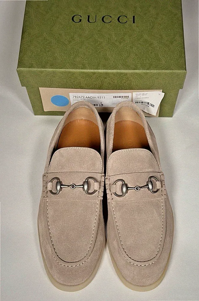 GUCCI Konrad Horsebit Loafers Oatmeal Suede Leather Made in Italy EU 39 / UK 5