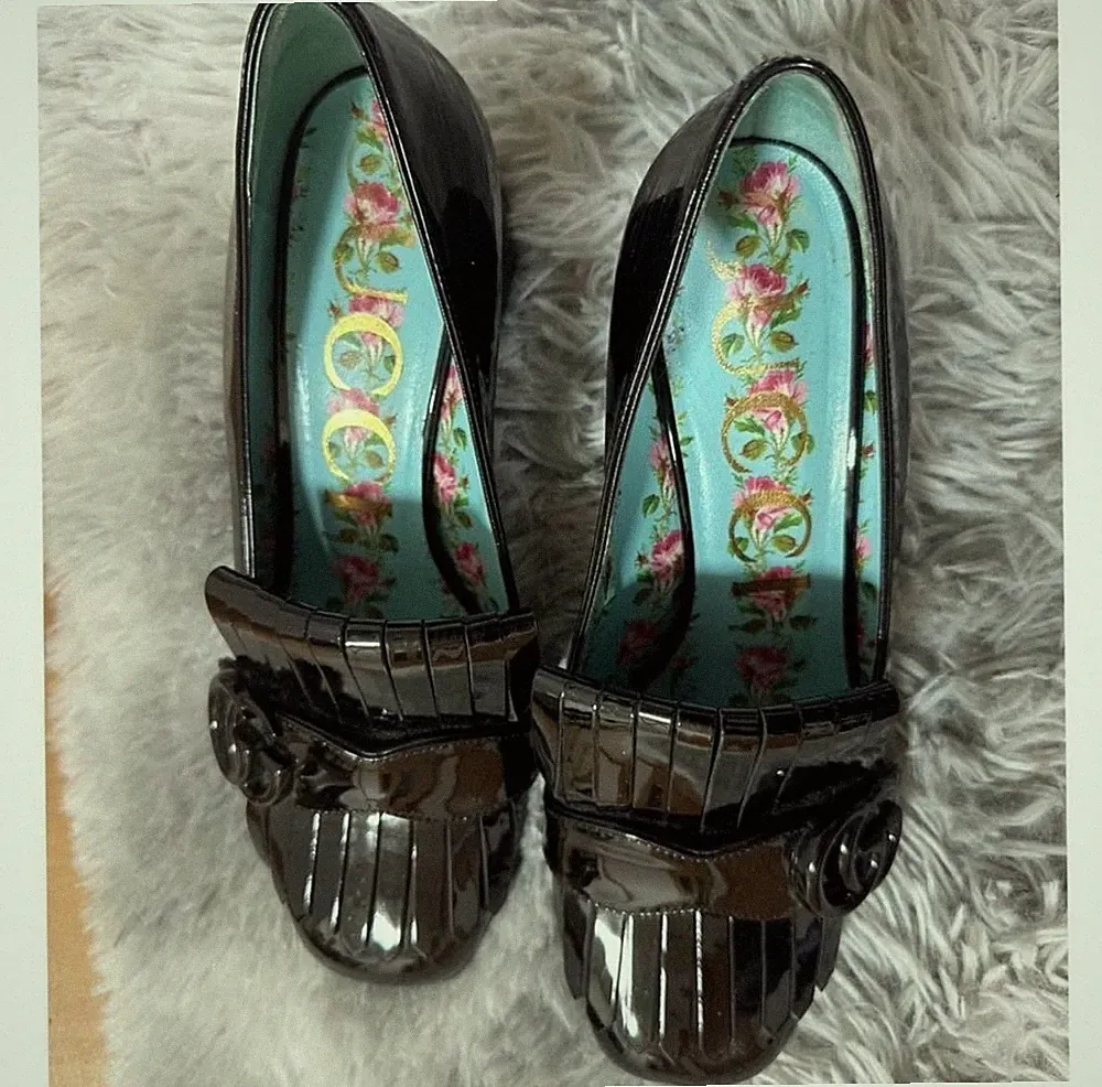 GUCCI Lackleder Loafer Pumps Schwarz Damen Größe37 (US 7) Absatz 5cm 063387d
