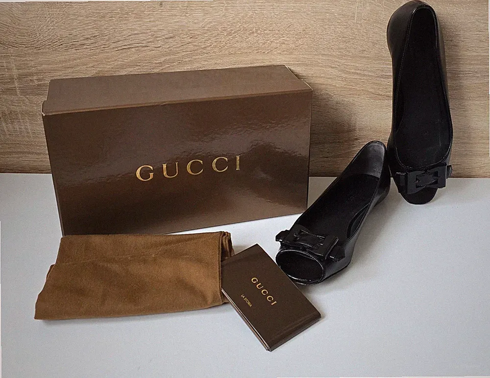 Gucci Leder Ballerinas Schuhe Slipper Loafer Peeptoes Schleife 5,5 = 38 - 38,5
