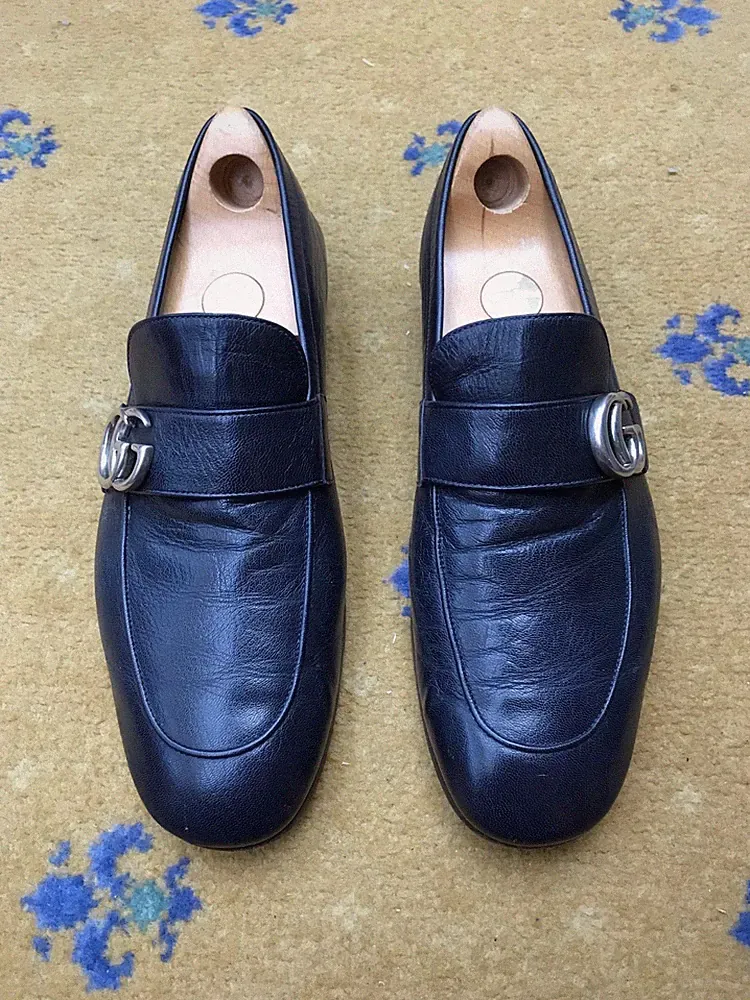 Gucci Leder Donnie Double G Navy Blau Schuhe Halbschuhe Herren UK 8 US 9 EU 42