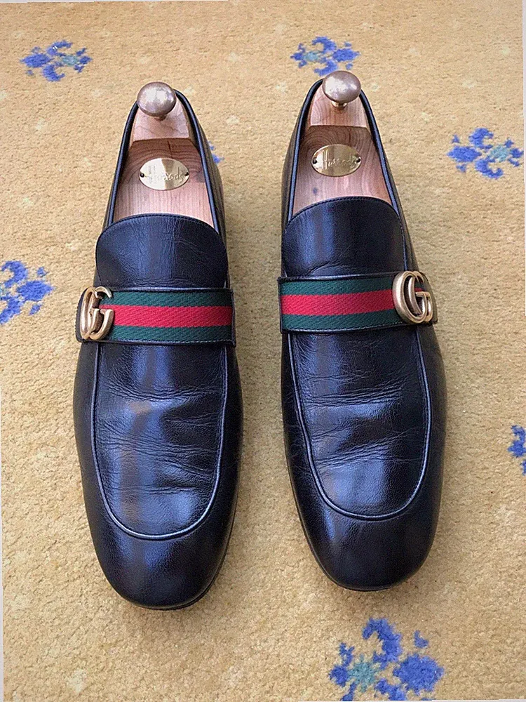 Gucci Leder Donnie Double G Web Grün Rot Schuhe Halbschuhe Herren UK 12 US 13 EU 46