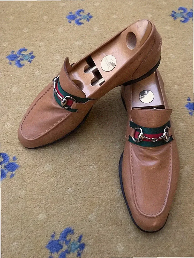 Gucci Leder hellbraun Horsebit Web grün rot Schuhe Halbschuhe Herren US 8,5 UK 7,5