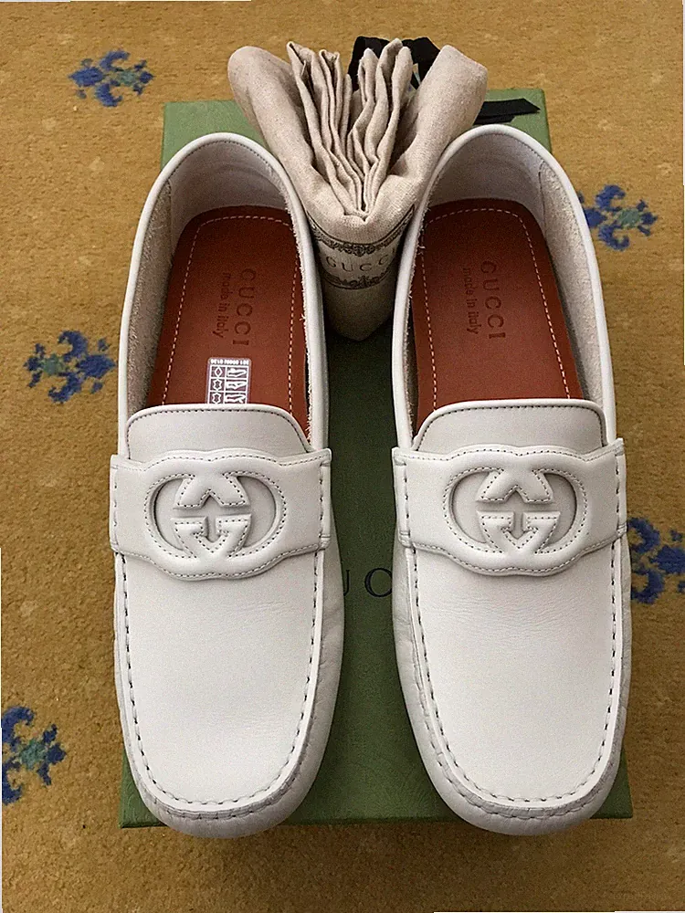 Gucci Leder Weiß Ineinandergreifende Schuhe Halbschuhe Fahrer Herren US 10 UK 9,5 43+ NEU