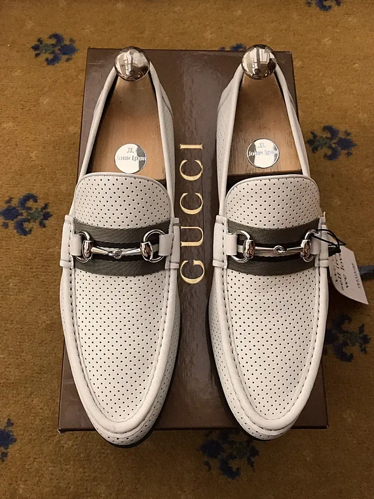 Gucci Leder Weiß Perforiert Horsebit Web Schuhe Halbschuhe Herren UK 7 US 8 41 NEU
