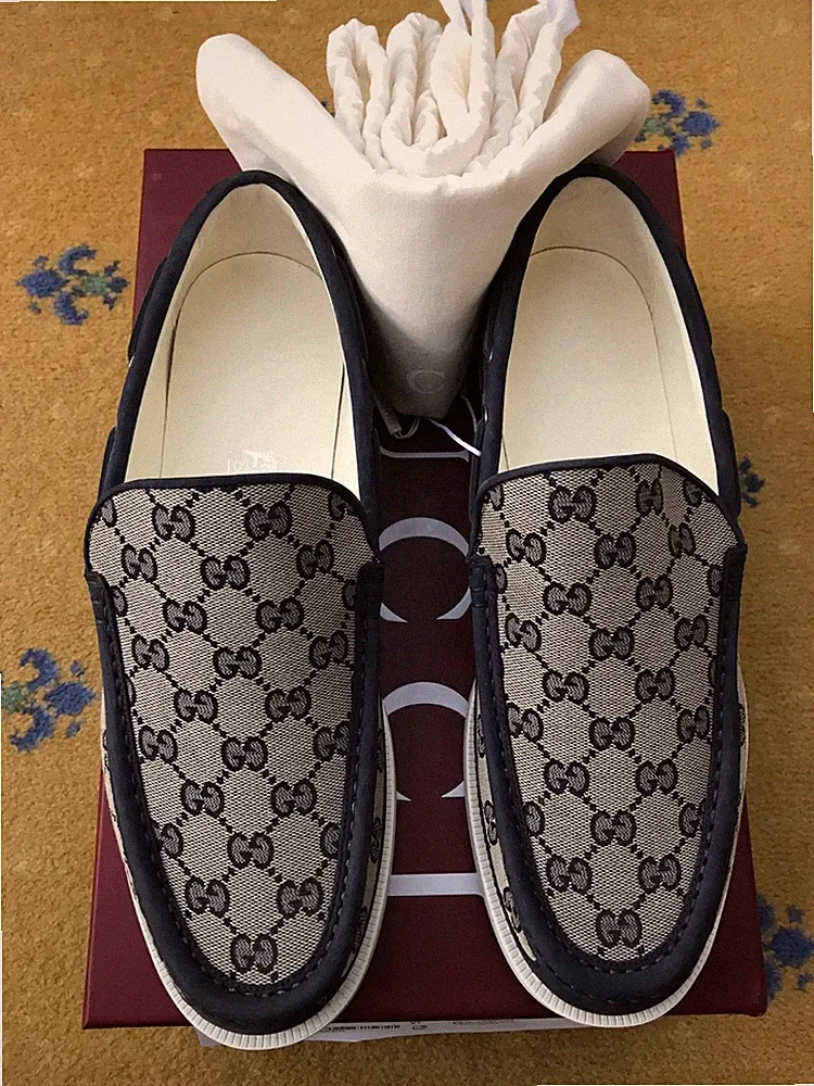 Gucci Loafer Schuhe Monogram Canvas Beige Blau Bootfahren Herren US 10 UK 9,5 43,5 NEU