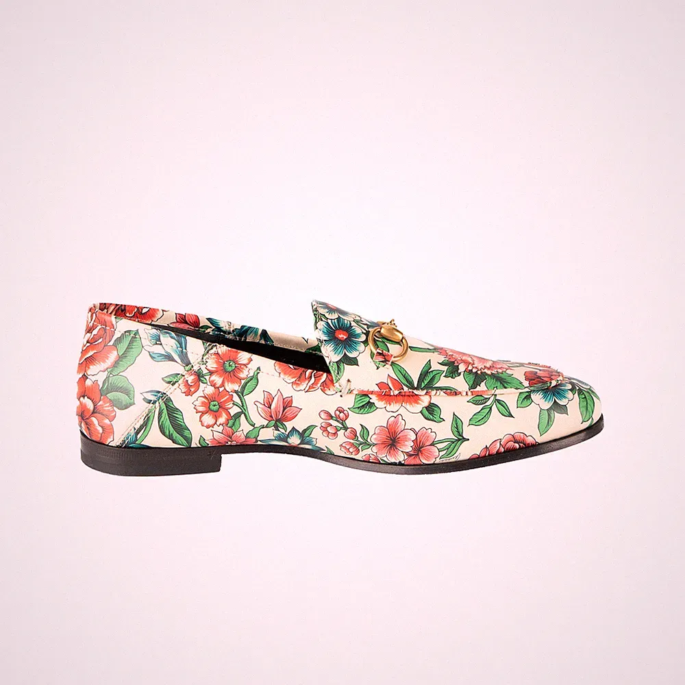 Gucci Loafer Wexford Brit Roses Leder Weiß Pink Damen Größe 37 Size EU 37