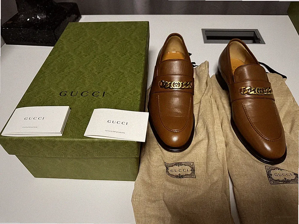 Gucci Loafers Mokassins Braun Gold Leder GG 10 1/2