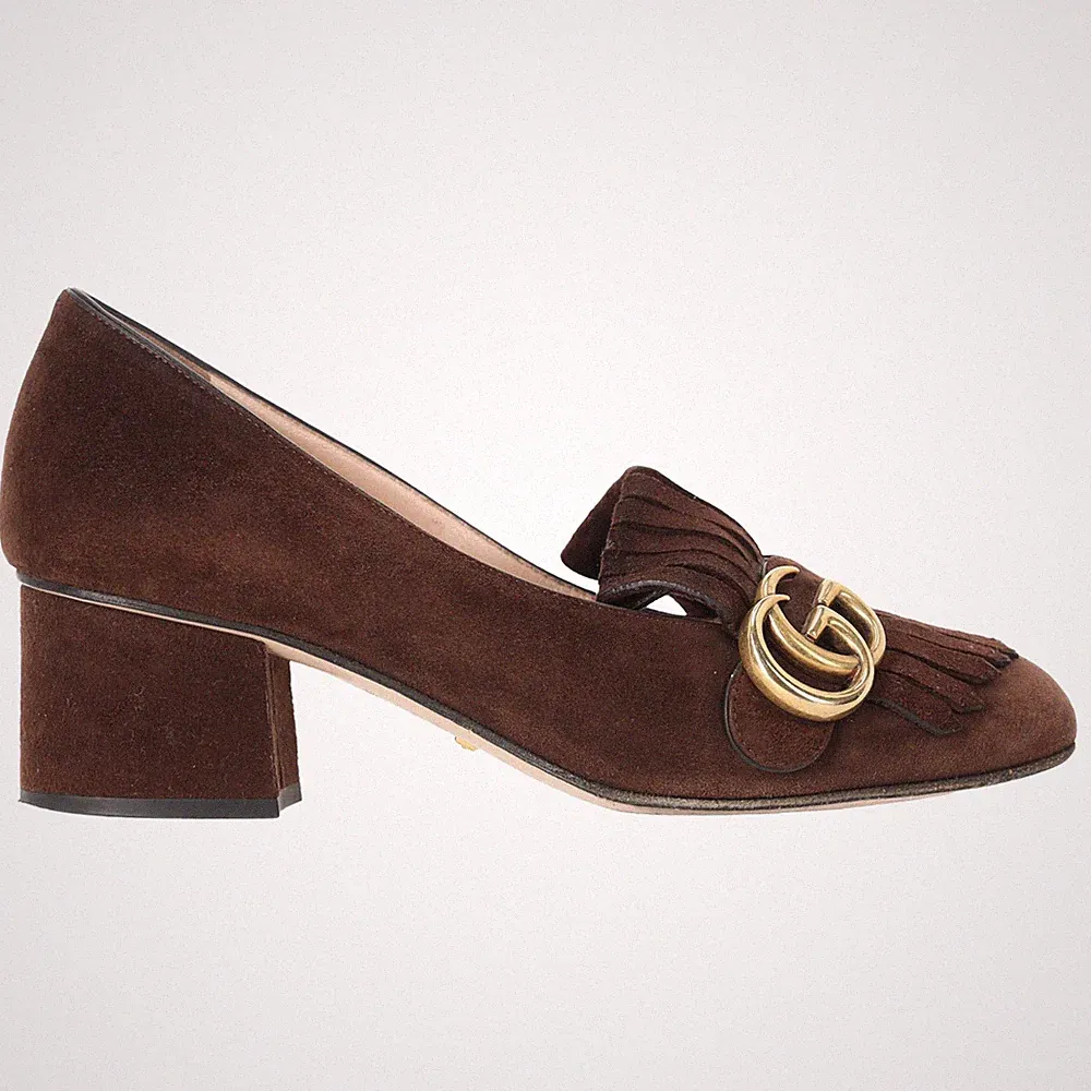 Gucci Marmont Loafer mittelhoher Absatz Pumps aus braunem Wildleder Damen ockerfarben UK Größe 3